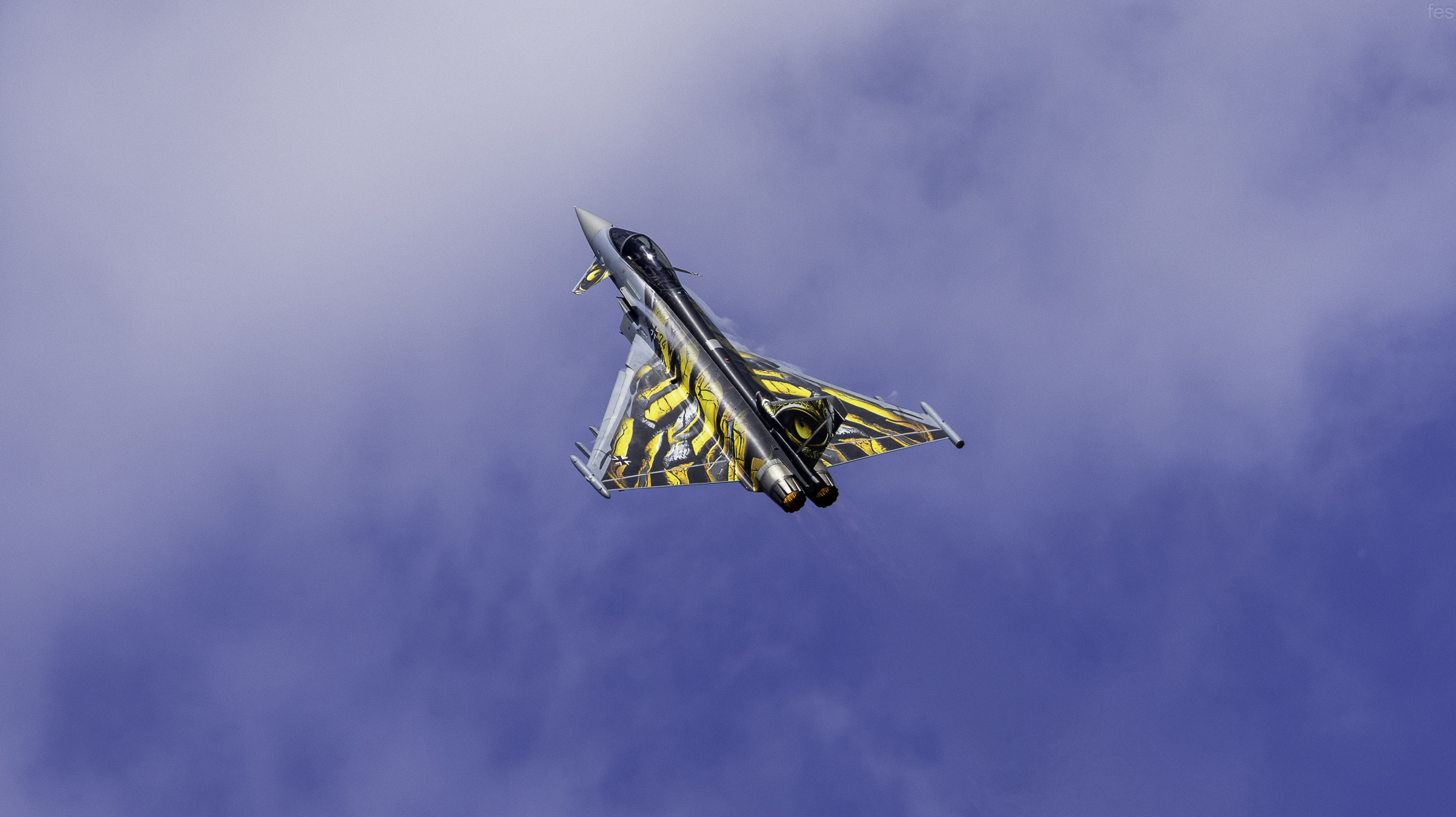 'Ghost Tiger' Eurofighter Typhoon banking toward the camera in tiger livery