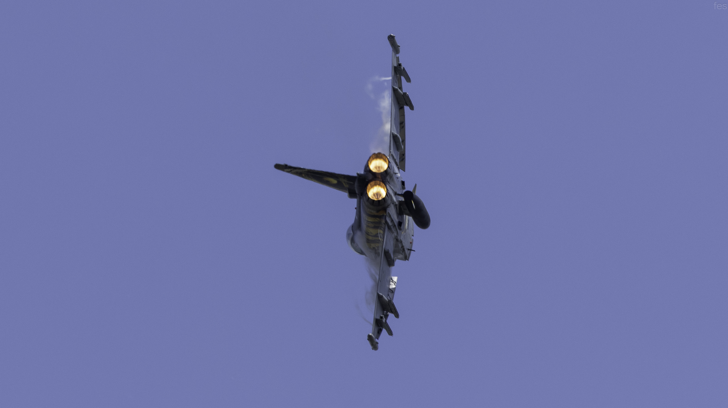 Head-on rear view of the Eurofighter Typhoon in full afterburner