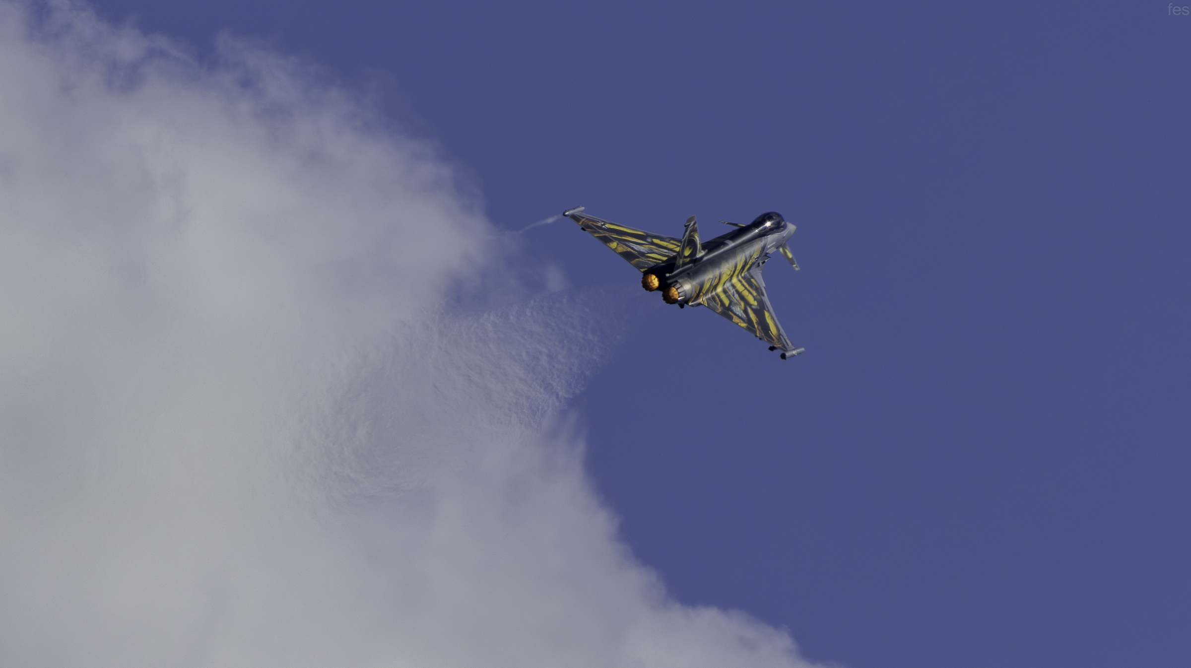 'Ghost Tiger' Typhoon rolling out on the runway, panned shot against blurred trees